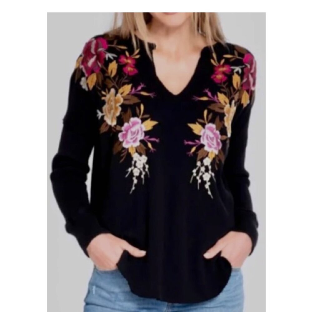 Johnny Was Floral Embroidered Boho Top Size-PXL Black